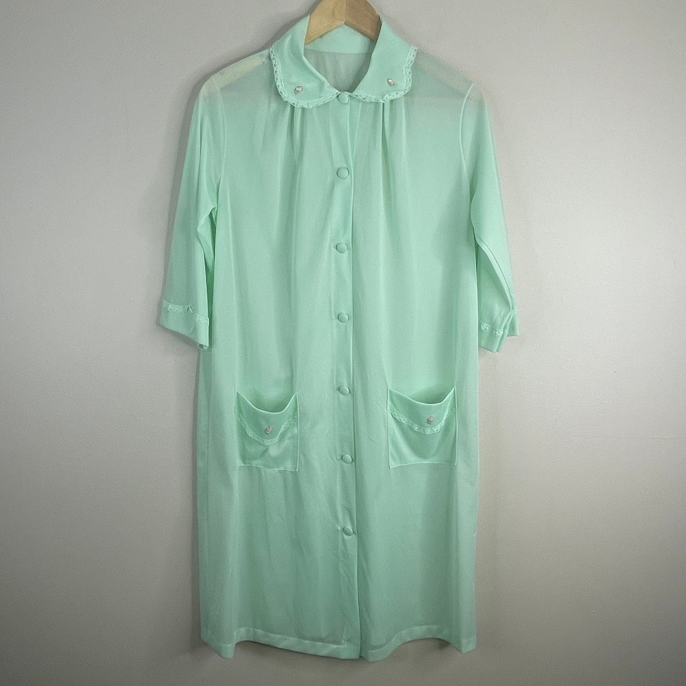 Henson Kickernick Vintage 60s Peignoir Robe Medium Mint Green Lace Trim Rosebud